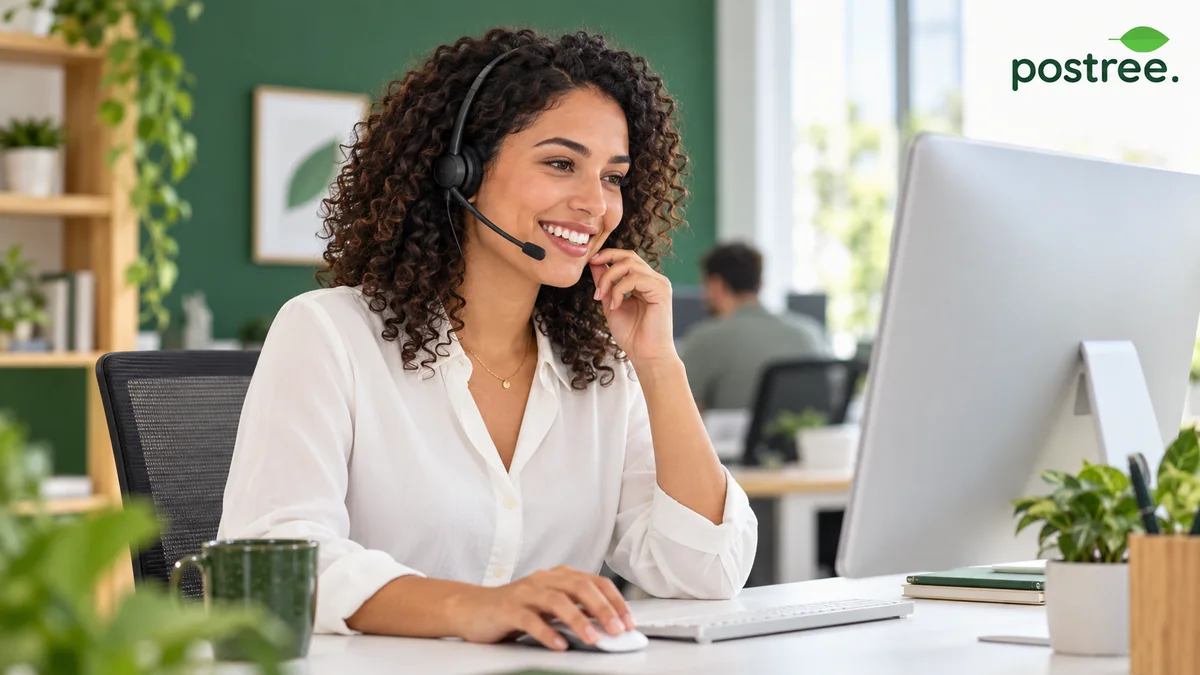 A Postree support agent wearing a headset at her desk