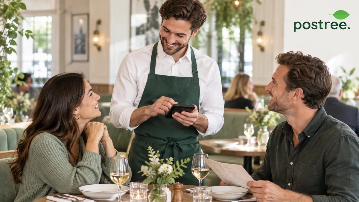 A server taking an order on a handheld device at a restaurant table